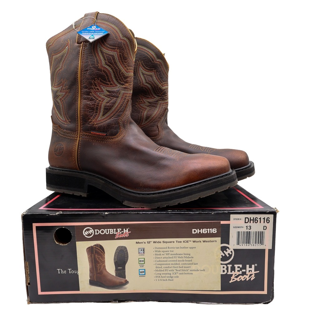 Double-H Boots Mens 13 D DH6116 ICE Work Western Square Toe Leather NWT